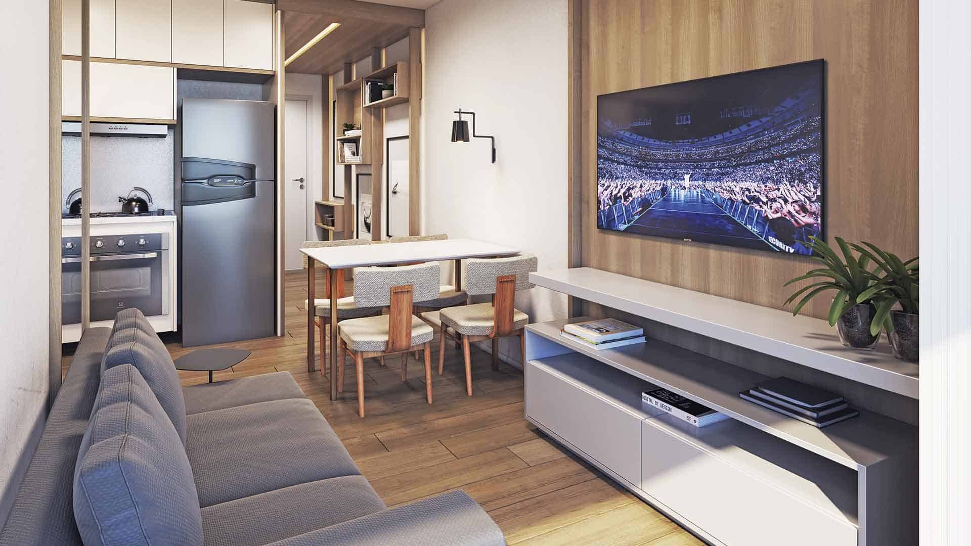 Perspectiva ilustrada do living do apto. de final 4 (48,18 m² privativos).