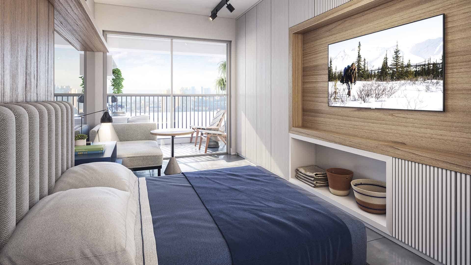 Perspectiva ilustrada do living do apto. de final 3 (27,13 m²).